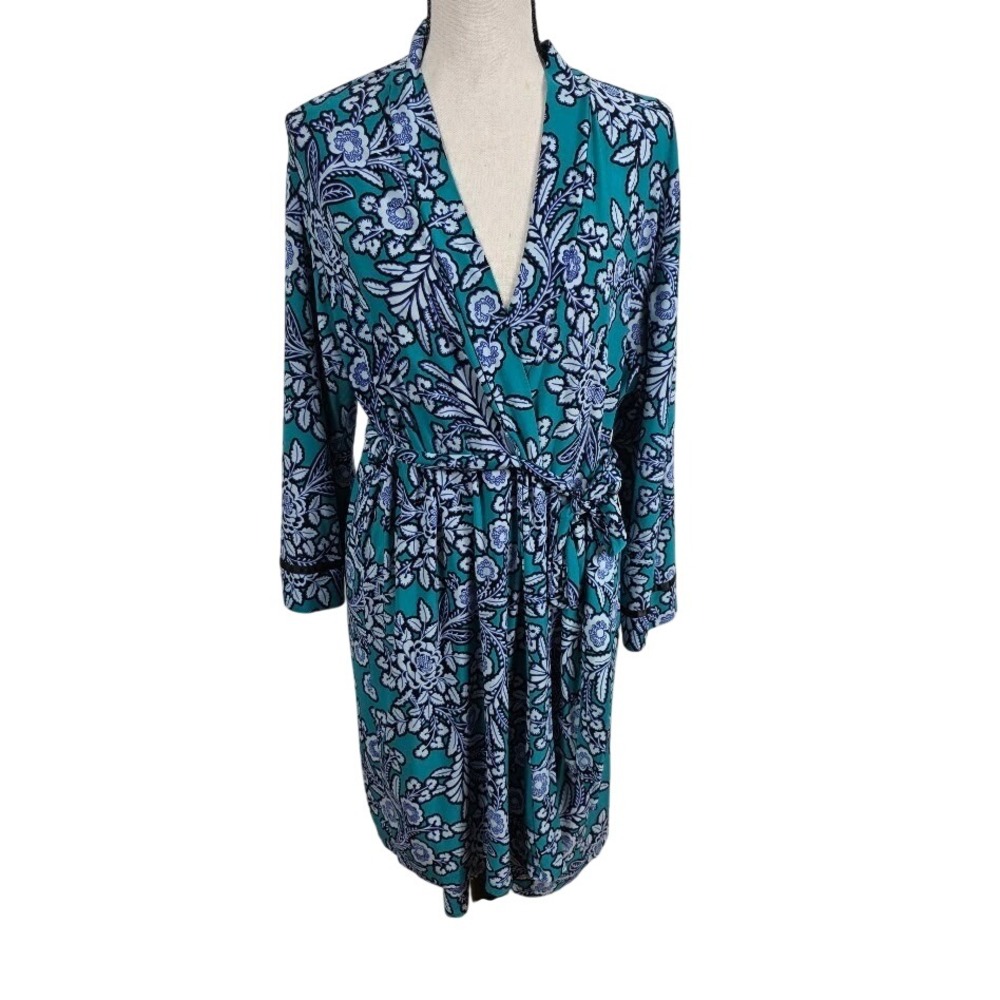 Linea Donatella‎ Wrap Robe Women L/XL Teal Floral Long Sleeve Sleepwear ALA130
